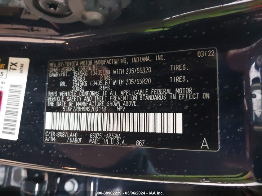 2022 TOYOTA HIGHLANDER VIN: 5TDFZRBH8NS200118