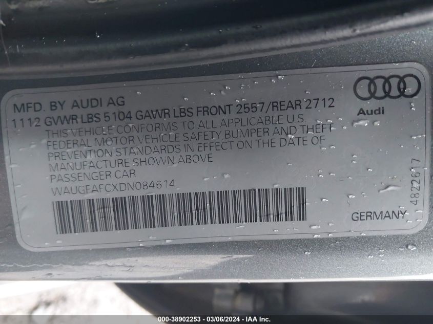2013 Audi A6 2.0T Premium VIN: WAUGFAFCXDN084614 Lot: 38902253