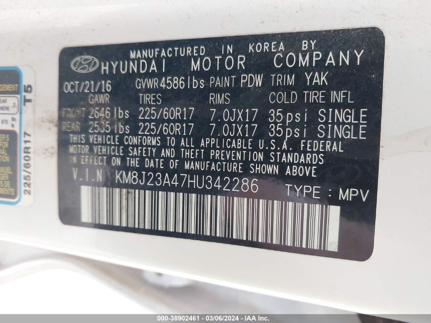 VIN KM8J23A47HU342286 2017 HYUNDAI TUCSON no.9