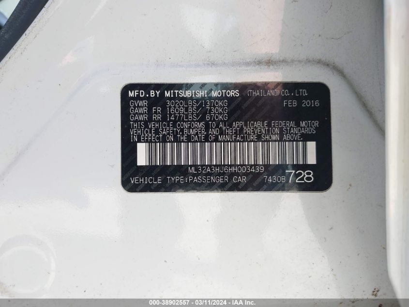 2017 Mitsubishi Mirage Es VIN: ML32A3HJ6HH003439 Lot: 38902557