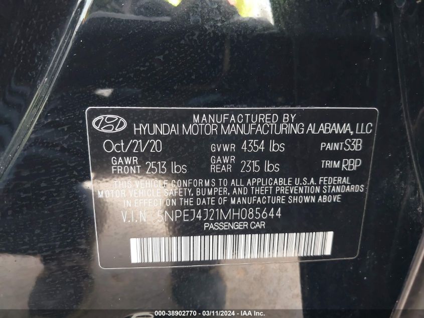 2021 Hyundai Sonata Sel Plus VIN: 5NPEJ4J21MH085644 Lot: 38902770