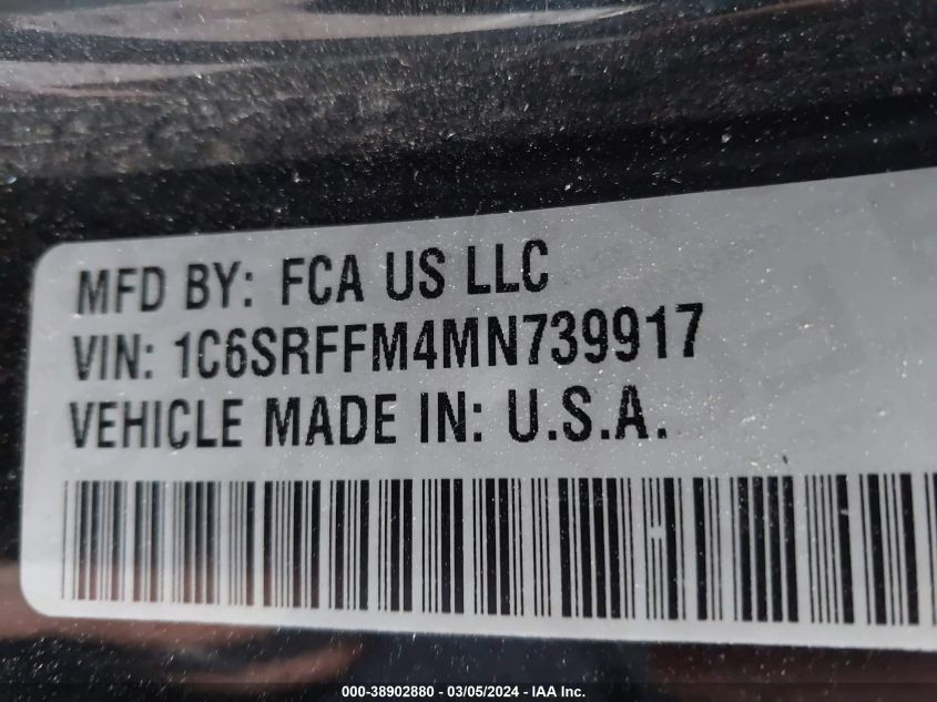 2021 Ram 1500 Big Horn 4X4 5'7 Box VIN: 1C6SRFFM4MN739917 Lot: 38902880