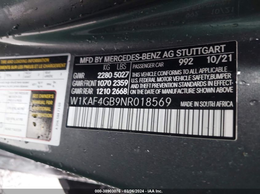 2022 Mercedes-Benz C 300 Sedan VIN: W1KAF4GB9NR018569 Lot: 38903076