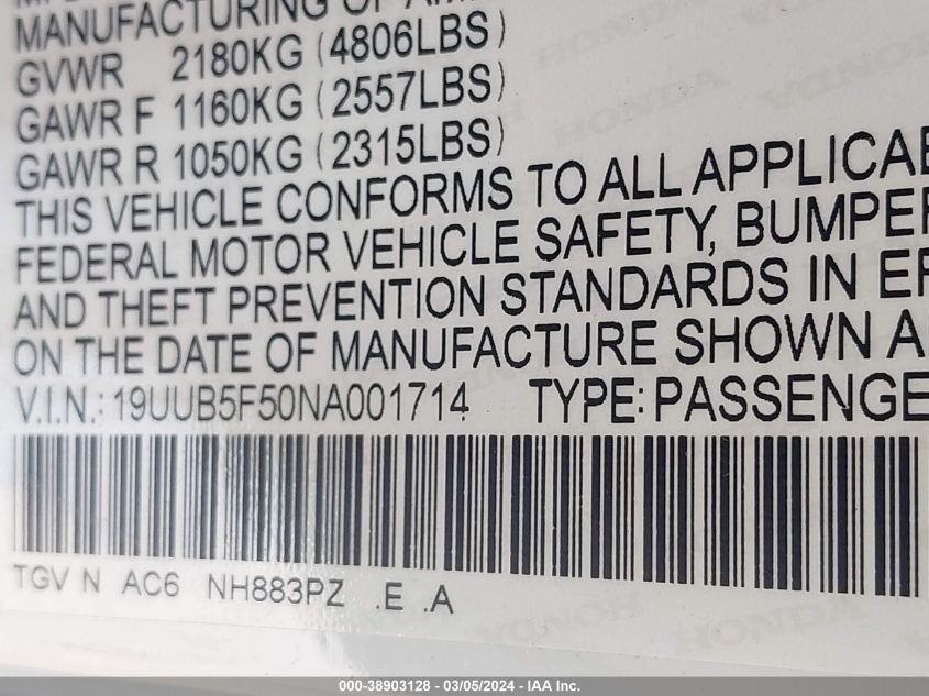 2022 Acura Tlx A-Spec Package VIN: 19UUB5F50NA001714 Lot: 38903128