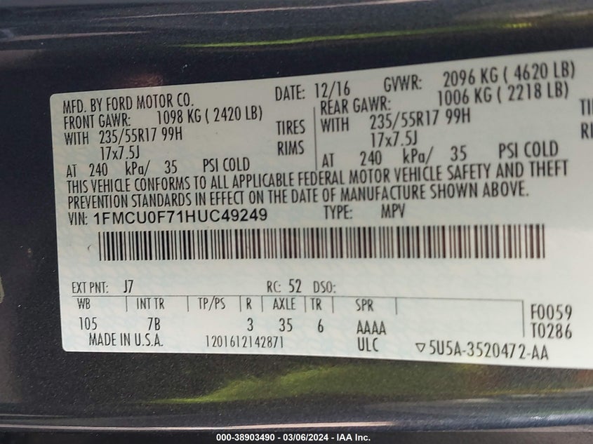 VIN 1FMCU0F71HUC49249 2017 FORD ESCAPE S