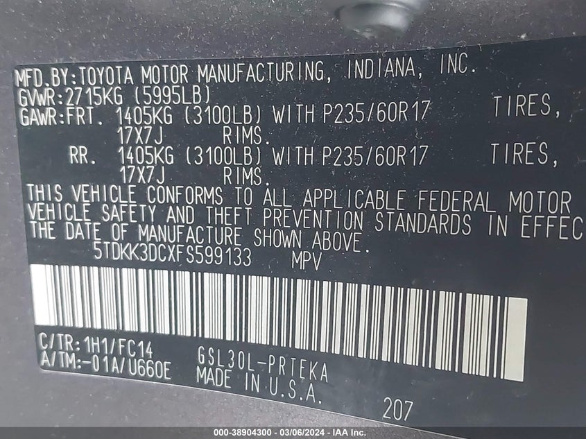 5TDKK3DCXFS599133 2015 Toyota Sienna Le 8 Passenger