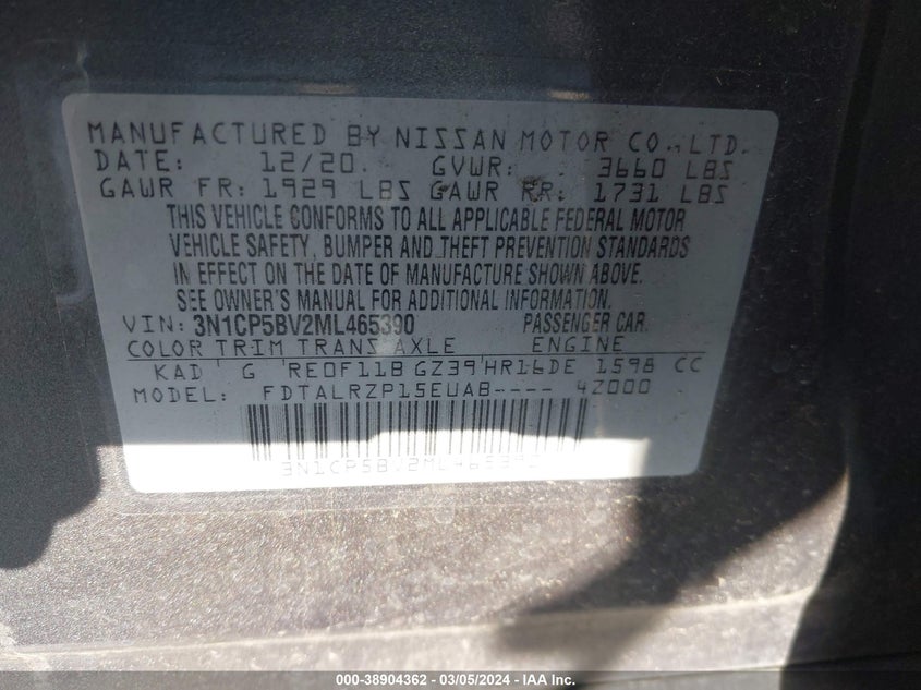 VIN 3N1CP5BV2ML465390 2021 NISSAN KICKS S