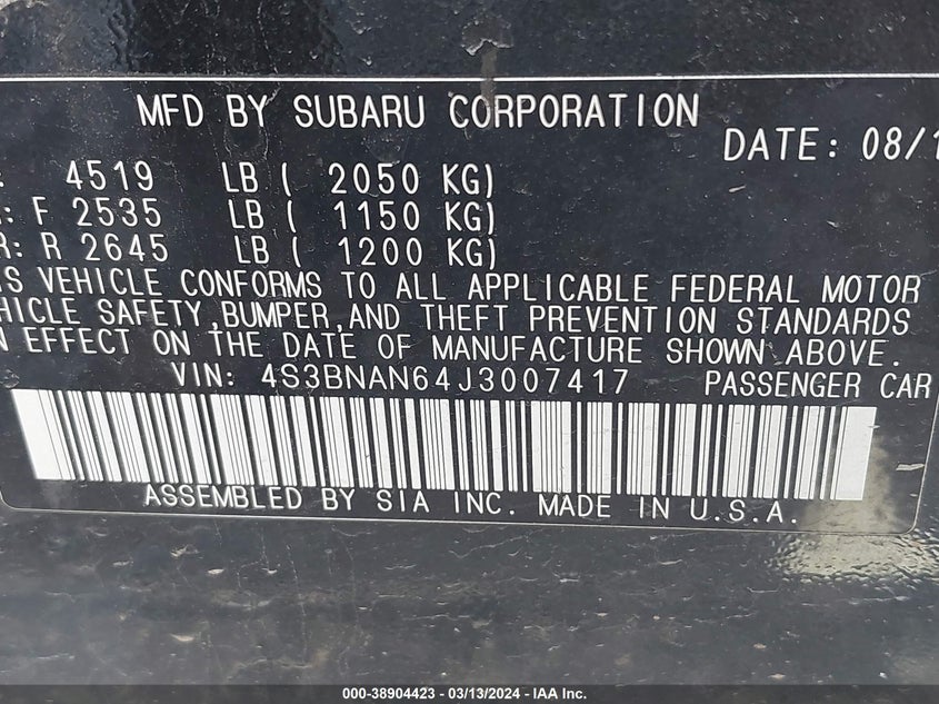 VIN 4S3BNAN64J3007417 2018 SUBARU LEGACY 2.5I LIMITED