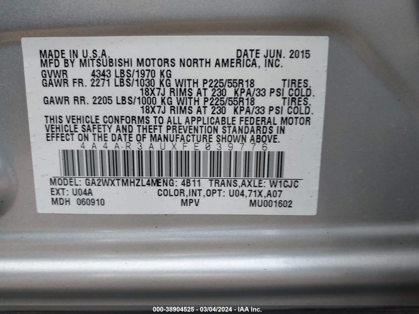 2015 MITSUBISHI OUTLANDER SPORT ES - 4A4AR3AUXFE039776