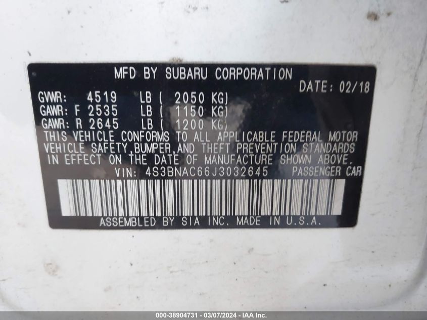 2018 Subaru Legacy 2.5I Premium VIN: 4S3BNAC66J3032645 Lot: 38904731