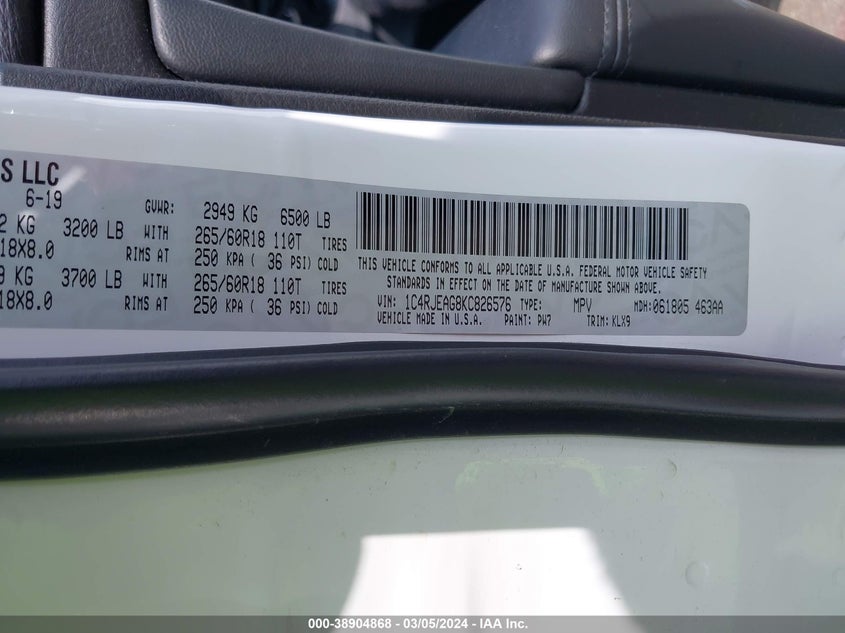2019 JEEP GRAND CHEROKEE LAREDO - 1C4RJEAG8KC826576