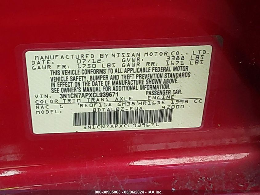 3N1CN7APXCL939671 2012 Nissan Versa 1.6 Sv