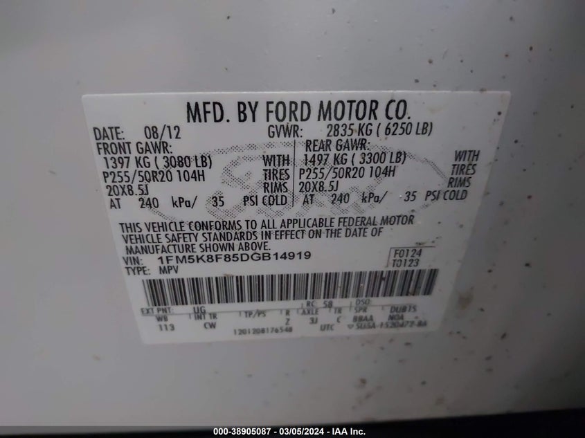 2013 FORD EXPLORER LIMITED - 1FM5K8F85DGB14919