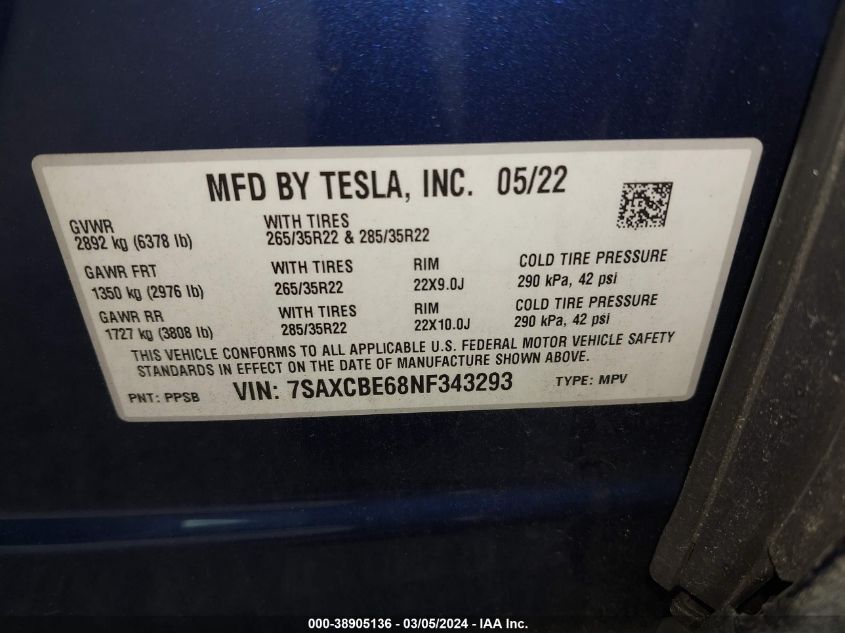 VIN 7SAXCBE68NF343293 2022 TESLA MODEL X