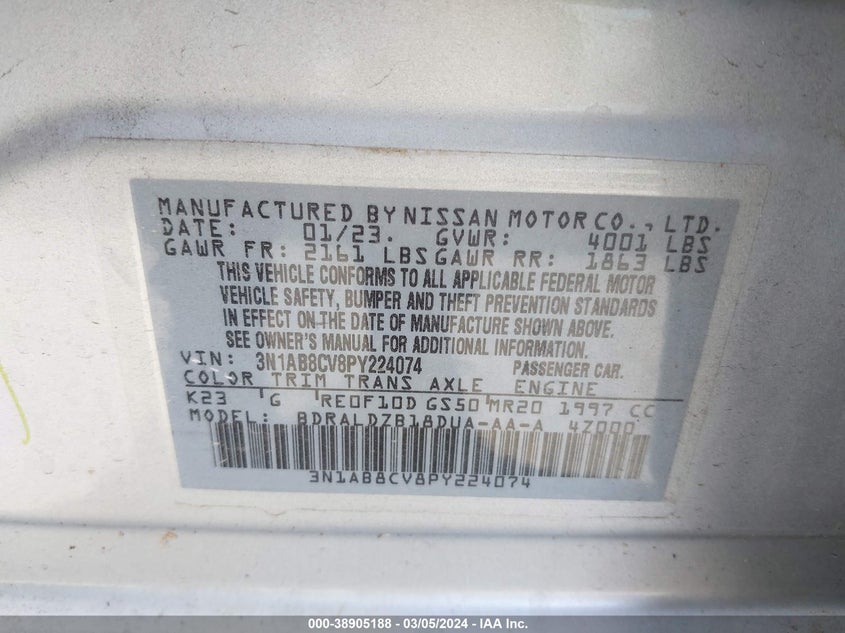VIN 3N1AB8CV8PY224074 2023 NISSAN SENTRA SV
