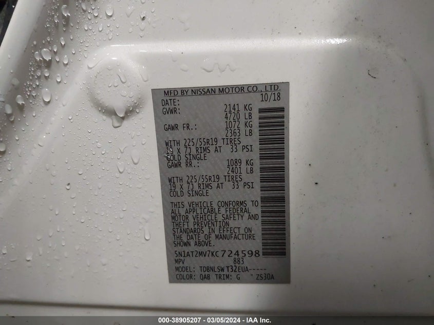 VIN 5N1AT2MV7KC724598 2019 NISSAN ROGUE SL