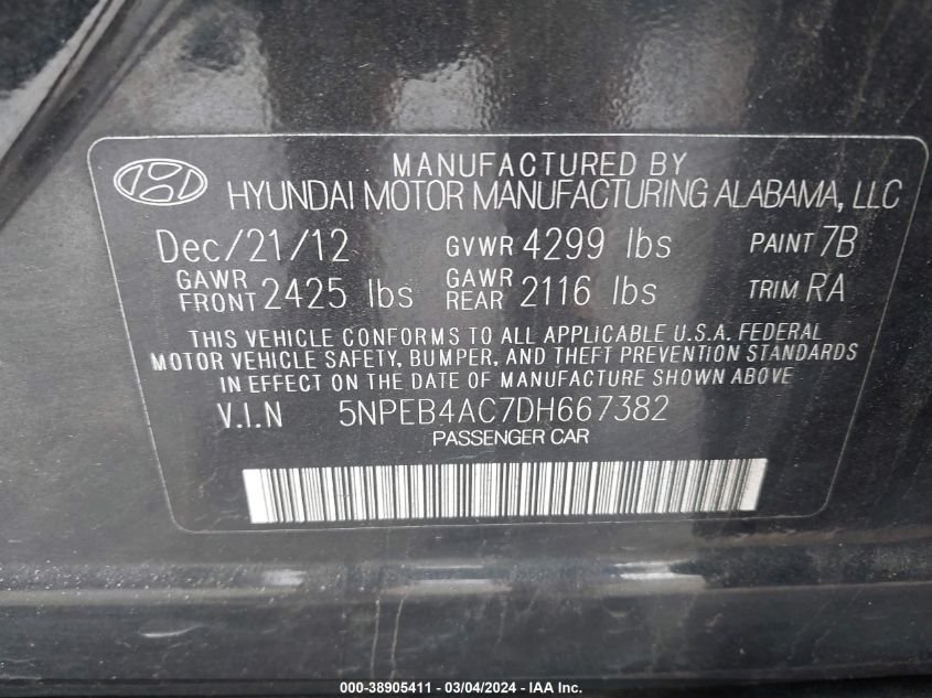 5NPEB4AC7DH667382 2013 Hyundai Sonata Gls