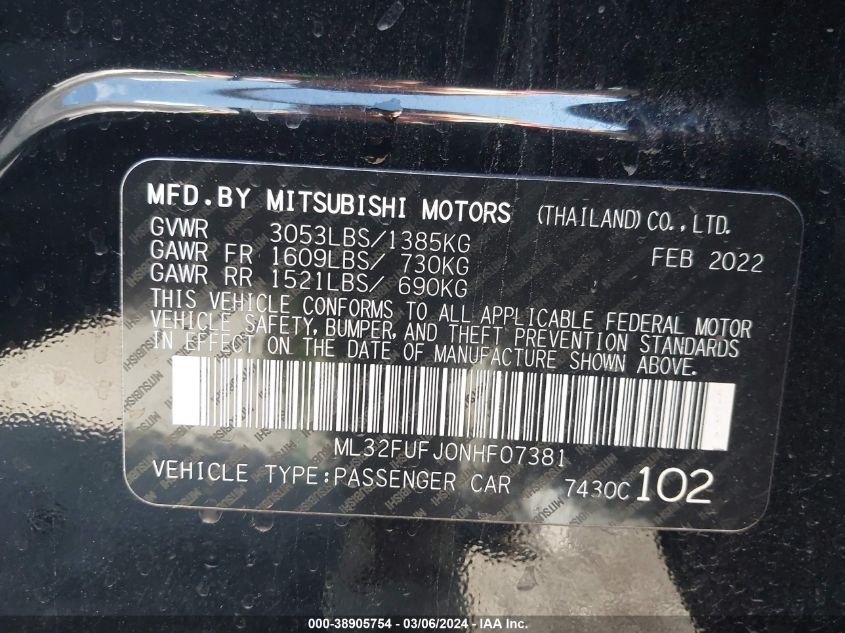 2022 Mitsubishi Mirage G4 Black Edition/Es/Le VIN: ML32FUFJ0NHF07381 Lot: 38905754