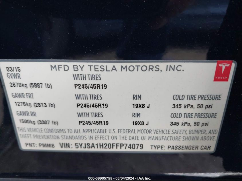 2015 Tesla Model S 70D/85D/P85D VIN: 5YJSA1H20FFP74079 Lot: 38905755