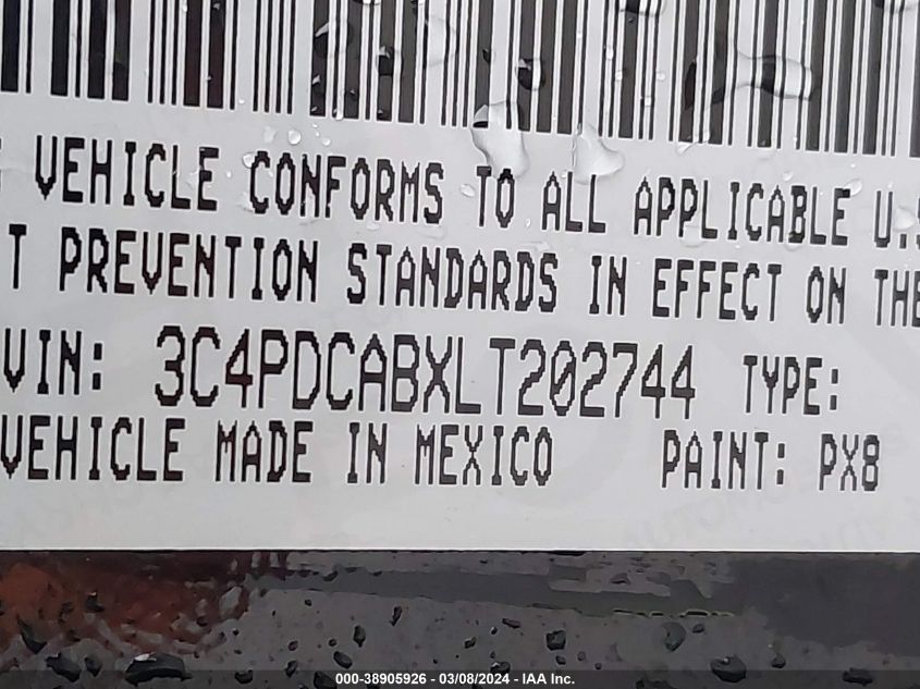 2020 Dodge Journey Se Value VIN: 3C4PDCABXLT202744 Lot: 38905926