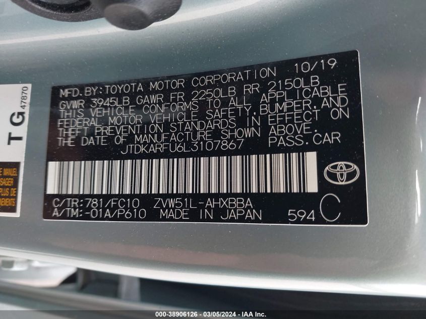 2020 Toyota Prius L Eco VIN: JTDKARFU6L3107867 Lot: 38906126