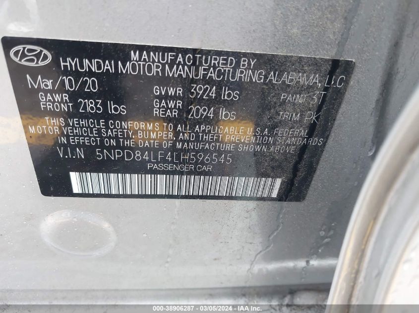 2020 Hyundai Elantra Sel VIN: 5NPD84LF4LH596545 Lot: 38906287