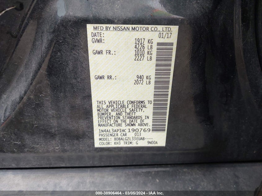 VIN 1N4AL3AP1HC190769 2017 NISSAN ALTIMA 2.5 S