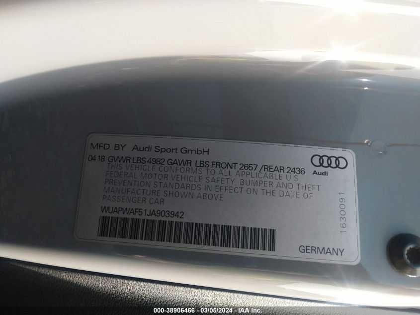 2018 Audi Rs 5 2.9T VIN: WUAPWAF51JA903942 Lot: 38906466