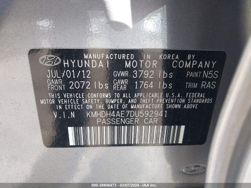 2013 Hyundai Elantra Gls VIN: KMHDH4AE7DU592941 Lot: 38906473