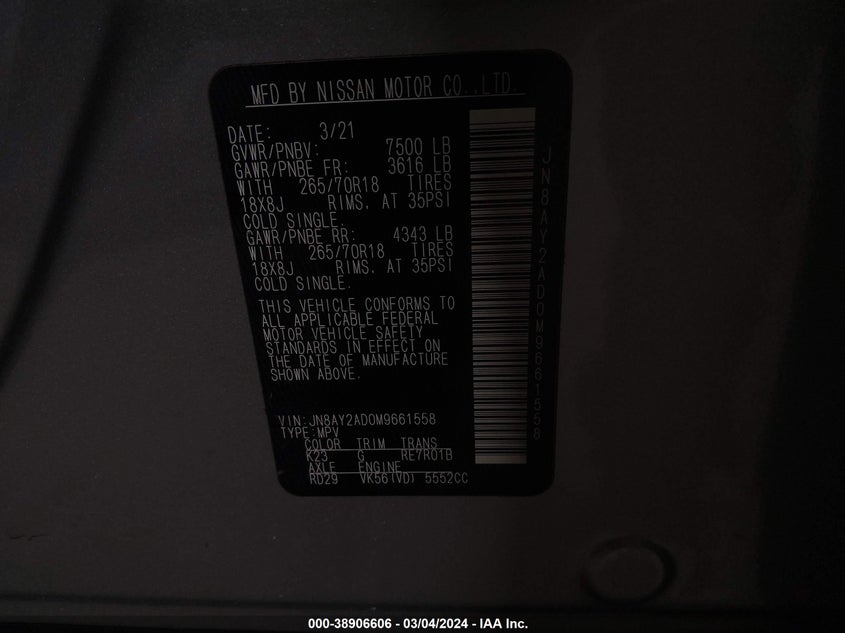 2021 NISSAN ARMADA SV 4WD - JN8AY2AD0M9661558