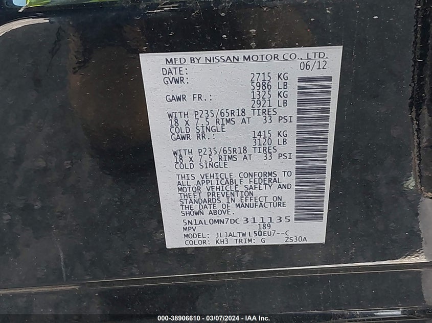 2013 INFINITI JX35 - 5N1AL0MN7DC311135