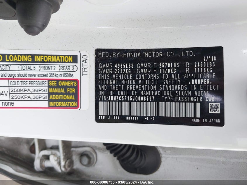 2018 HONDA CLARITY PLUG-IN HYBRID - JHMZC5F15JC008797