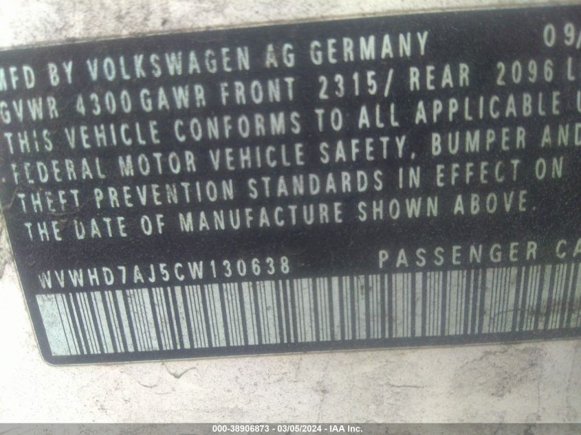 2012 Volkswagen Gti 4-Door VIN: WVWHD7AJ5CW130638 Lot: 38906873