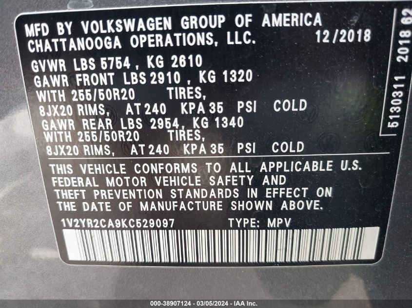 2019 Volkswagen Atlas 3.6L V6 Se W/Technology R-Line VIN: 1V2YR2CA9KC529097 Lot: 38907124