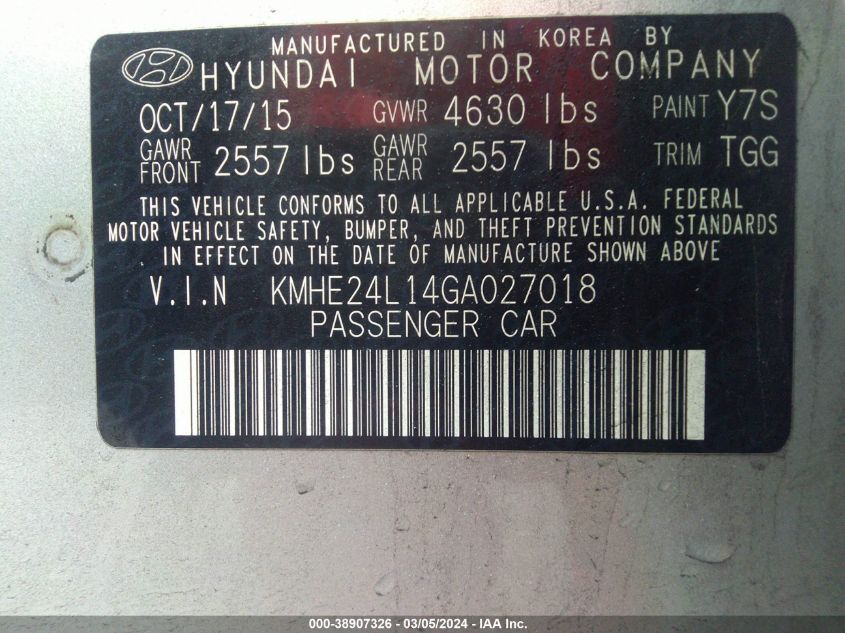 2016 Hyundai Sonata Hybrid Se VIN: KMHE24L14GA027018 Lot: 38907326