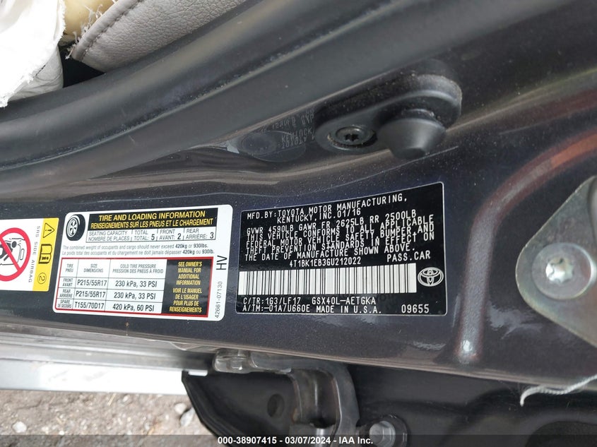 2016 TOYOTA AVALON XLE PREMIUM - 4T1BK1EB3GU212022