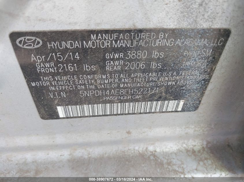 5NPDH4AE8EH522171 2014 Hyundai Elantra Se