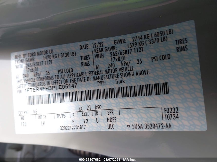2023 FORD RANGER XLT - 1FTER4FH3PLE05147