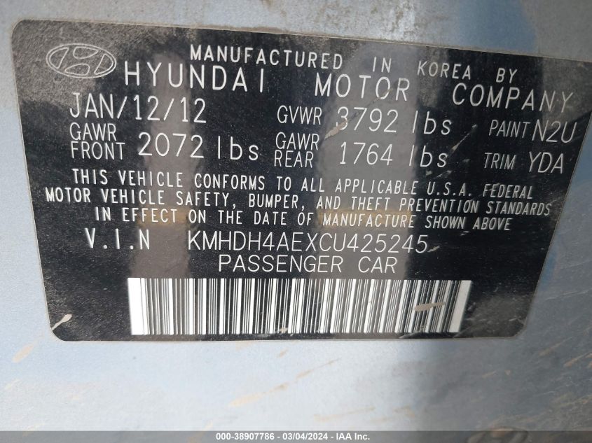 2012 Hyundai Elantra Gls (Ulsan Plant) VIN: KMHDH4AEXCU425245 Lot: 38907786