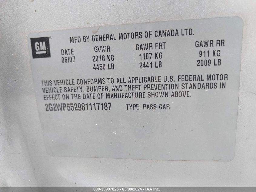 2008 Pontiac Grand Prix VIN: 2G2WP552981117187 Lot: 38907825