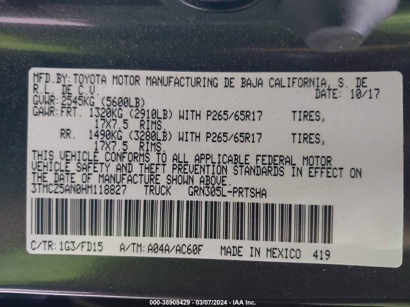 VIN 3TMCZ5AN0HM118827 2017 TOYOTA TACOMA TRD SPORT