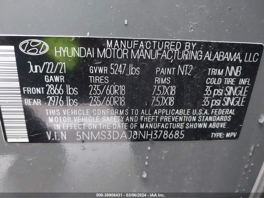 2022 Hyundai Santa Fe Sel VIN: 5NMS3DAJ8NH378685 Lot: 38908431