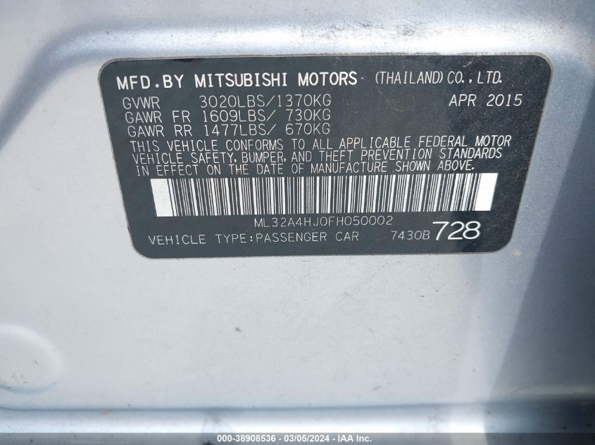 2015 Mitsubishi Mirage Es VIN: ML32A4HJ0FH050002 Lot: 38908536