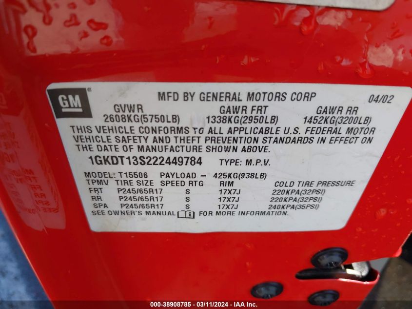 2002 GMC Envoy Slt VIN: 1GKDT13S222449784 Lot: 38908785