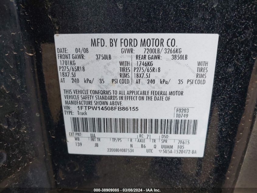 1FTPW14508FB86155 2008 Ford F-150 60Th Anniversary/Fx4/King Ranch/Lariat/Limited/Xlt