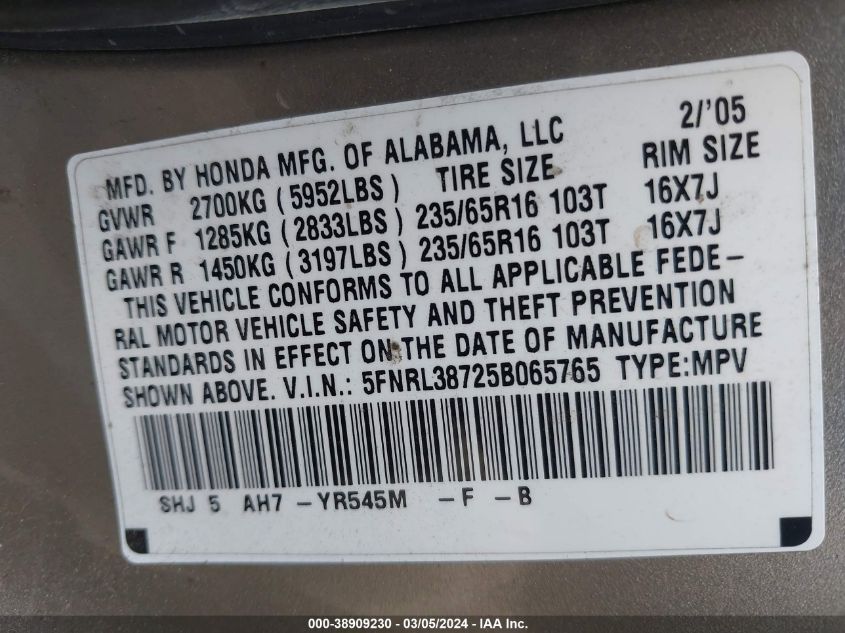 2005 Honda Odyssey Ex-L VIN: 5FNRL38725B065765 Lot: 38909230