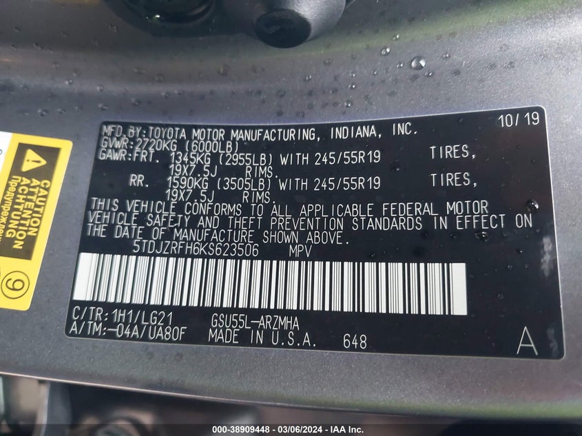 2019 TOYOTA HIGHLANDER VIN: 5TDJZRFH6KS623506