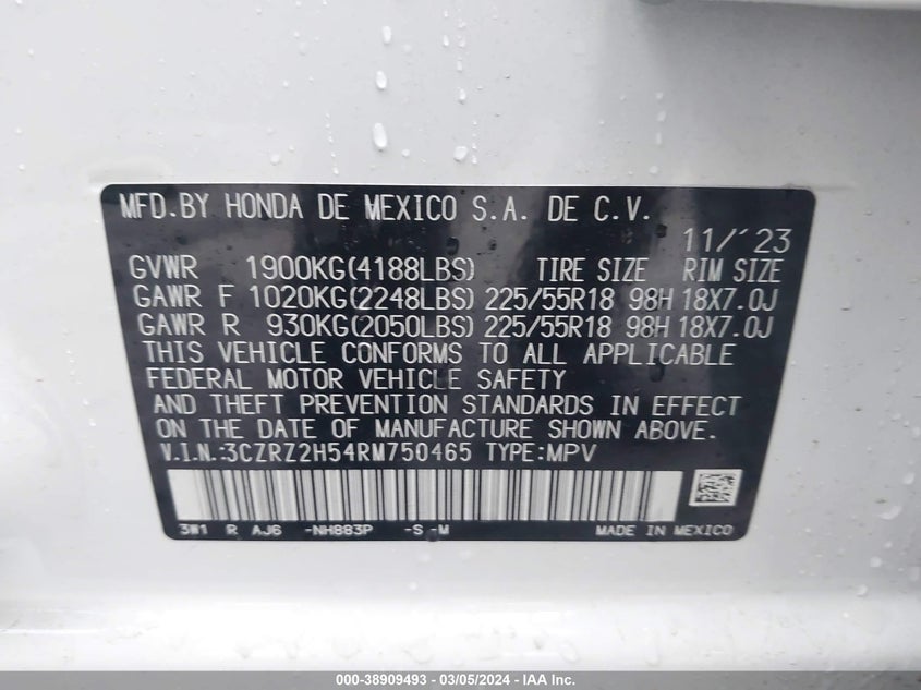 VIN 3CZRZ2H54RM750465 2024 HONDA HR-V AWD SPORT/AWD SPORT W/O BSI