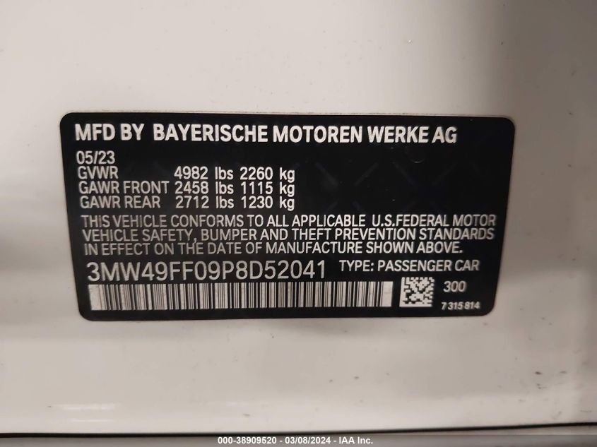 2023 BMW 3 Series M340I xDrive VIN: 3MW49FF09P8D52041 Lot: 39080199