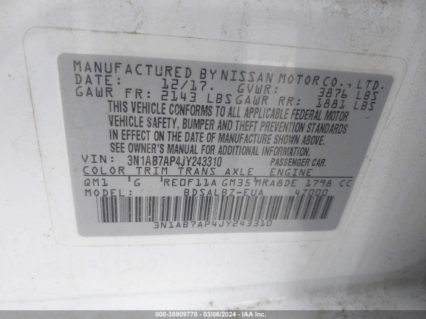 VIN 3N1AB7AP4JY243310 2018 NISSAN SENTRA S/SV/SR/SL